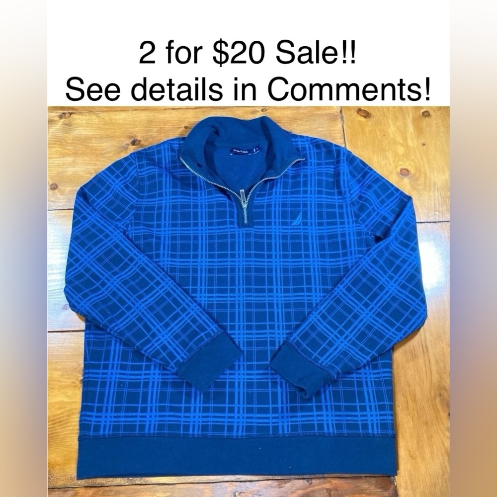 Nautica Men's Blue and Black Plaid Quarter Zip, size XL